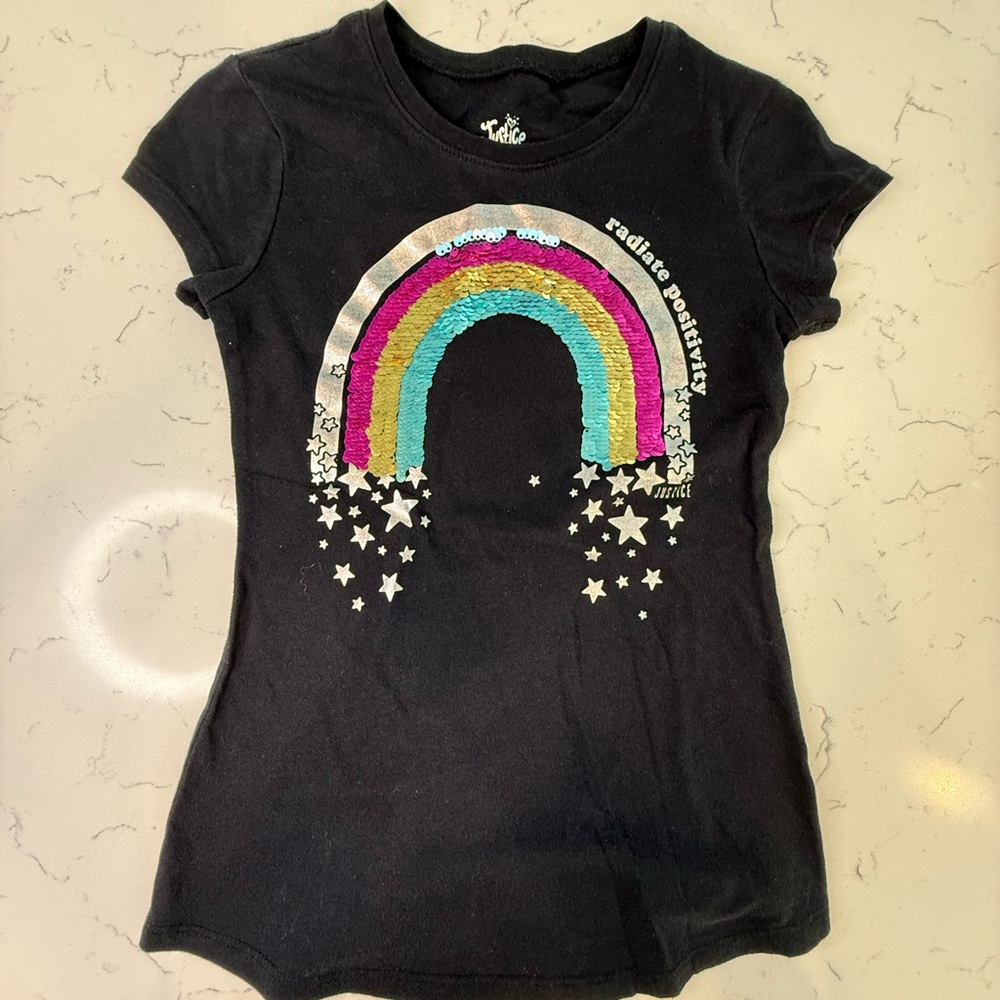 Justice Black and Pink Short Sleeve Tee with Artistic Rainbow